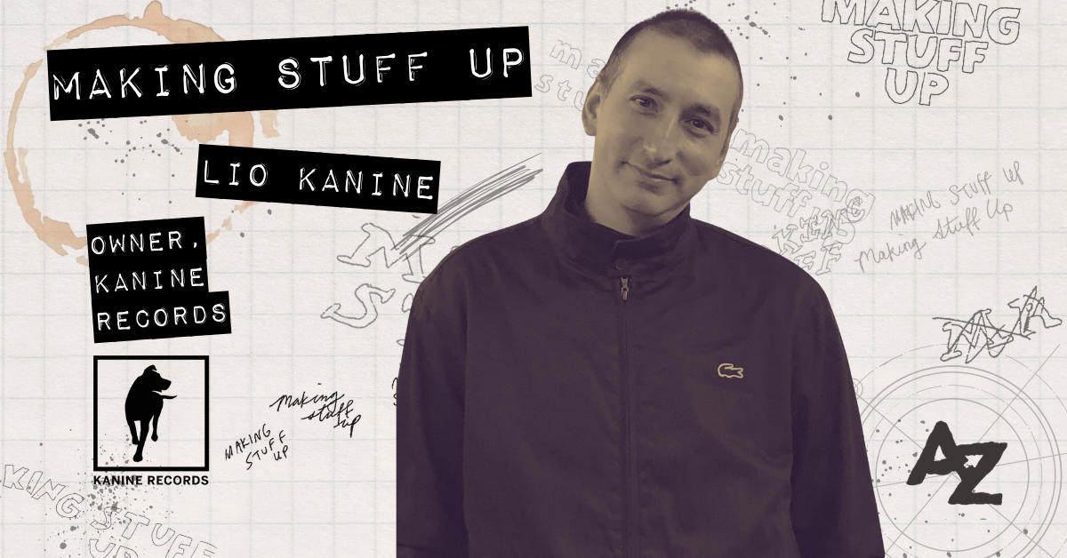 Lio Kanine of Kanine Records holding a custom vinyl record for the Making Stuff Up interview series by A to Z Media.